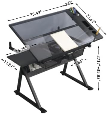 Adjustable Drawing Table for Artists | Drafting Desk with Tilted Glass Top | Art & Craft Table for Adults (Black-No Stool, Classic Pro-27.16''- 35.82'' H)