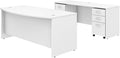 Pemberly Row Engineered Wood Bow Front Desk & Credenza Set, 72W x 36D, White Finish, Includes Mobile File Cabinets, Thermally Fused Laminate, Contemporary Design, Office Furniture for Workspace