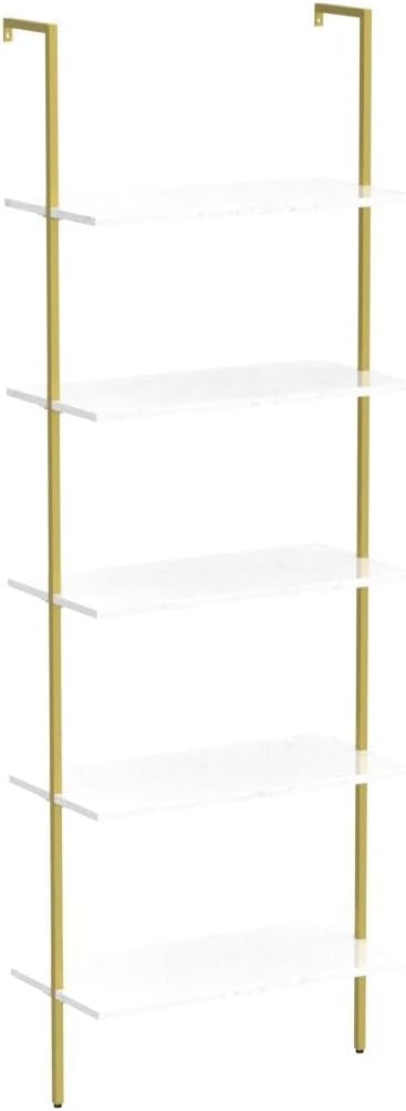 Wolawu 5 Tiers Ladder 2-Piece Shelf White Marble Modern Bookshelf Open Tall Wall Mount Bookcase Standing Leaning Wall Shelves Industrial Decorative