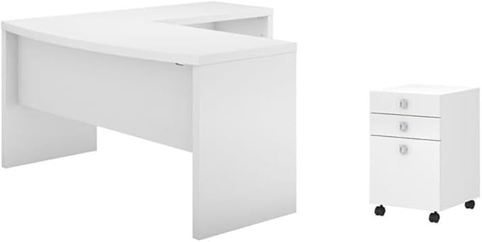 Pemberly Row Set of 2 L-Shape Bow Front Desk & Mobile File Cabinet in Pure White