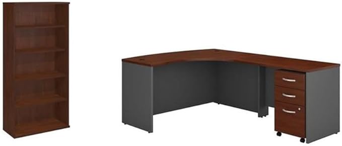 Pemberly Row Set of 2 Wood L-Shaped Desk & 5-Shelf Bookcase in Hansen Cherry