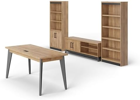 NBF Writing Desk and Low Credenza w/Storage Set Monarca/Black Base, Features Adjustable Shelves, Pencil Drawer, and Bookcases for Office Storage