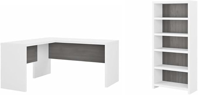 Pemberly Row Set of 2 L-Shaped Desk & 5-Shelf Bookcase in White & Gray