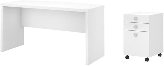 Pemberly Row Set of 2 60W Bow Front Desk & Mobile File Cabinet in Pure White