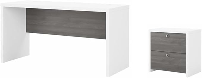 Pemberly Row Set of 2 60W Credenza Desk & Lateral File Cabinet in White & Gray