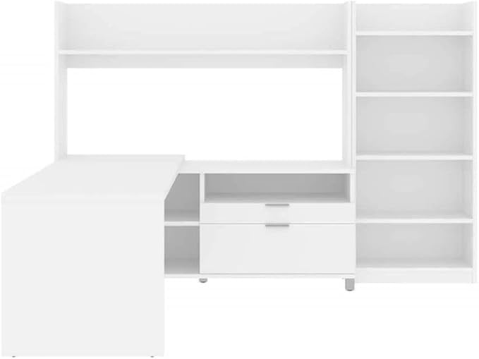 Scranton & Co L-Shaped Home Office Desk with Bookcase, White Finish, Corner Workspace and Storage Solution, Spacious Desktop, Integrated Shelving, Versatile Design for Office, Study, or Bedroom