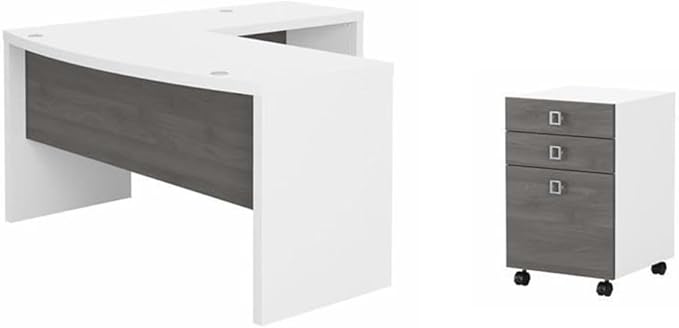 Pemberly Row Set of 2 L-Shaped Bow Front Desk & Mobile File Cabinet - White/Gray