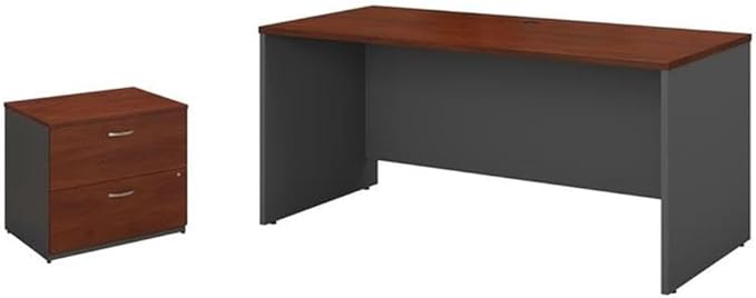 Pemberly Row Set of 2 60W Credenza Desk & Lateral File Cabinet in Hansen Cherry