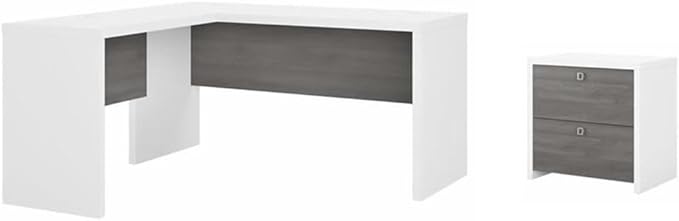 Pemberly Row Set of 2 L-Shaped Desk & Lateral File Cabinet in White & Gray