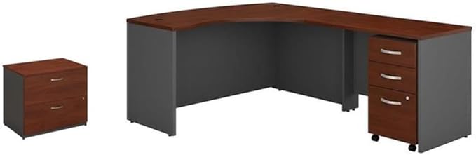 Pemberly Row Set of 2 Wood L-Shaped Desk & Lateral File Cabinet in Hansen Cherry