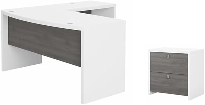 Pemberly Row Set of 2 L-Shape Bow Front Desk & Lateral File Cabinet - White/Gray