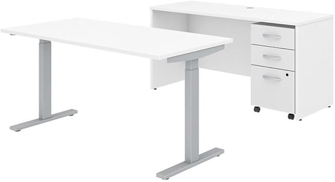 Pemberly Row Height Adjustable Standing Desk Set, 60W Credenza Desk and Mobile File Cabinet, White Finish, Laminate Over Engineered Wood, Contemporary Office Furniture for Home or Workspace