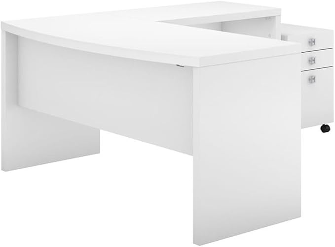 BOWERY HILL L Shaped Bow Front Desk Set, 60W x 67.31D x 30H, Engineered Wood, Pure White Finish, File Cabinet with Satin Silver Hardware, Contemporary Office Furniture for Modern Workspaces