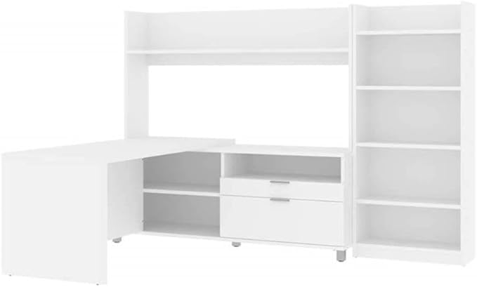Scranton & Co L-Shaped Home Office Desk with Bookcase, White Finish, Corner Workspace and Storage Solution, Spacious Desktop, Integrated Shelving, Versatile Design for Office, Study, or Bedroom