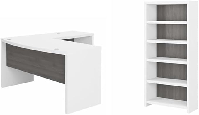 Pemberly Row Set of 2 L-Shaped Bow Front Desk & 5-Shelf Bookcase in White & Gray