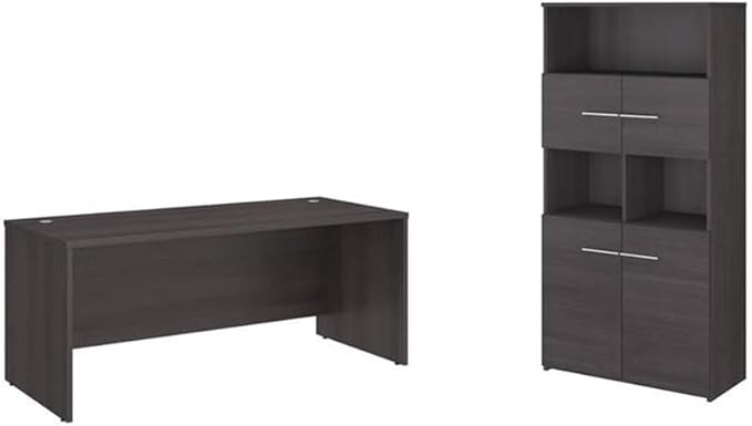 Pemberly Row Set of 2 Office Desk & 5-Shelf Bookcase in Storm Gray