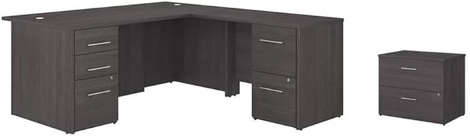 Pemberly Row Set of 2 L-Shaped Desk & Lateral File Cabinet in Storm Gray