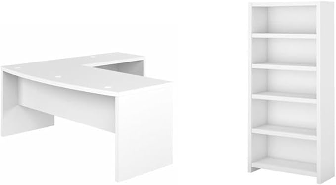 Pemberly Row Set of 2 Bow Front L-Shaped Desk & 5-Shelf Bookcase in Pure White