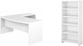Pemberly Row Set of 2 Bow Front L-Shaped Desk & 5-Shelf Bookcase in Pure White