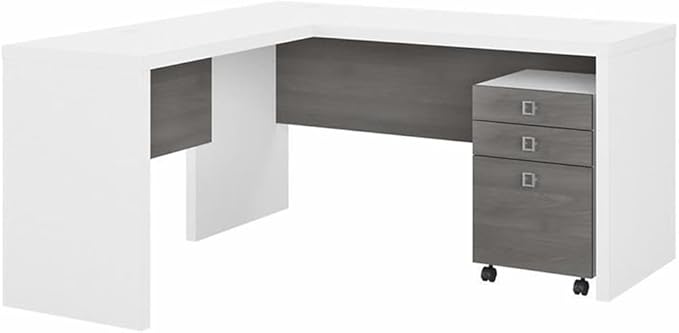 Bush Business Furniture Echo L Shaped Desk with Mobile File Cabinet in Pure White and Modern Gray, Modern Corner Table with Drawers for Home or Professional Office
