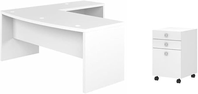 Pemberly Row Set of 2 Bow Front L-Shape Desk & Mobile File Cabinet in Pure White