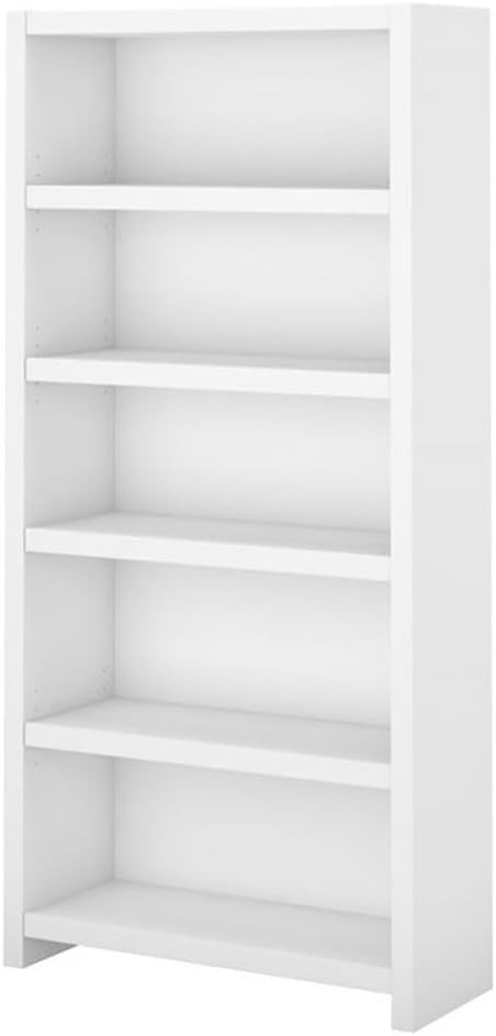 Pemberly Row Set of 2 Bow Front L-Shaped Desk & 5-Shelf Bookcase in Pure White