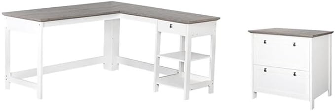 Pemberly Row Set of 2 L-Shaped Writing Desk & Lateral File Cabinet in White/Gray