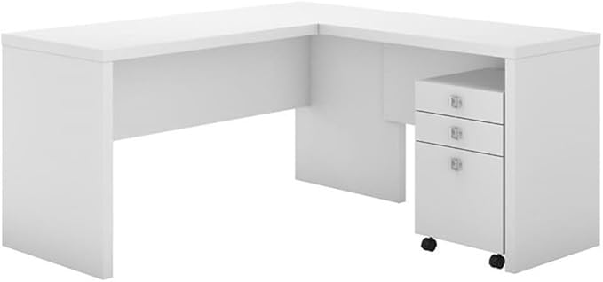 Pemberly Row L Shaped Engineered Wood Office Desk Set, Pure White Finish, 60W x 62.99D x 30H, Includes Mobile File Cabinet, Satin Silver Hardware, Scratch-Resistant Durable Design for Home or Office