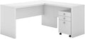Pemberly Row L Shaped Engineered Wood Office Desk Set, Pure White Finish, 60W x 62.99D x 30H, Includes Mobile File Cabinet, Satin Silver Hardware, Scratch-Resistant Durable Design for Home or Office
