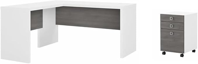 Pemberly Row Set of 2 L-Shaped Desk & Mobile File Cabinet in White & Gray