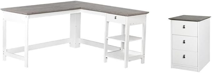Pemberly Row Set of 2 White/Gray 3-Drawer Filing Cabinet & L-Shaped Writing Desk