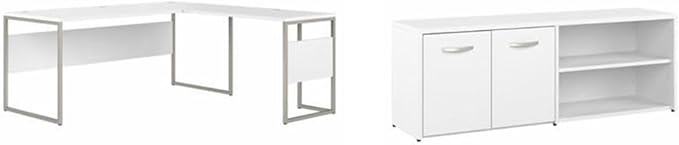 Pemberly Row Set of 2 Low Storage Cabinet & L-Shaped Table Desk in White