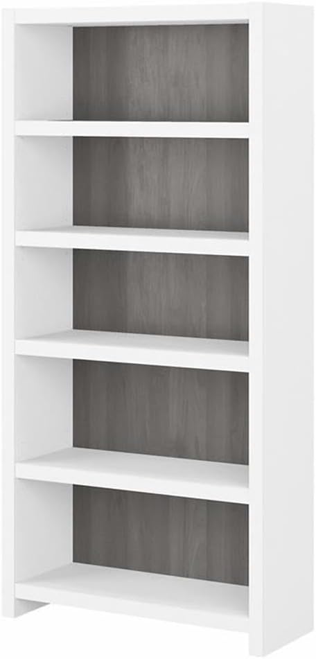 Pemberly Row Set of 2 L-Shaped Bow Front Desk & 5-Shelf Bookcase in White & Gray