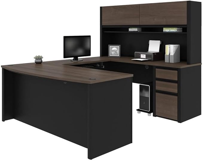 Atlin Designs Contemporary U-Shaped Wood Computer Desk with Hutch, Black Finish, 65.9" H x 71.1" W x 92.6" D, 3 Drawers, 2 Doors, 2 Shelves, Reversible Office Workstation with Wire Management