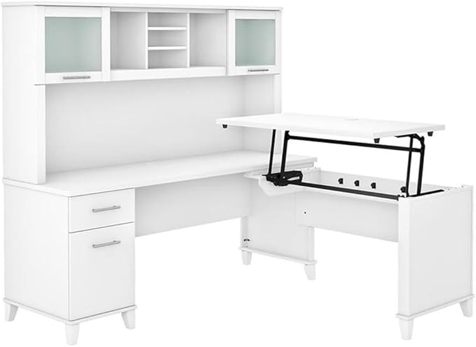 Pemberly Row 72W Sit to Stand L Desk with Hutch, Engineered Wood, White Finish, Adjustable Heights, Frosted Glass Doors, File Drawer, Box Drawer, Ergonomic Office Furniture for Home Workspace