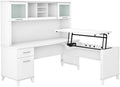 Pemberly Row 72W Sit to Stand L Desk with Hutch, Engineered Wood, White Finish, Adjustable Heights, Frosted Glass Doors, File Drawer, Box Drawer, Ergonomic Office Furniture for Home Workspace