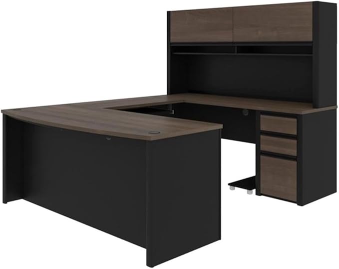BOWERY HILL U-Shaped Computer Desk with Hutch, 92.6 in x 71.1 in x 65.9 in, Antigua and Black Finish, Commercial Grade Particle Board, Lockable Drawers, Reversible Design, Home or Office Workstation