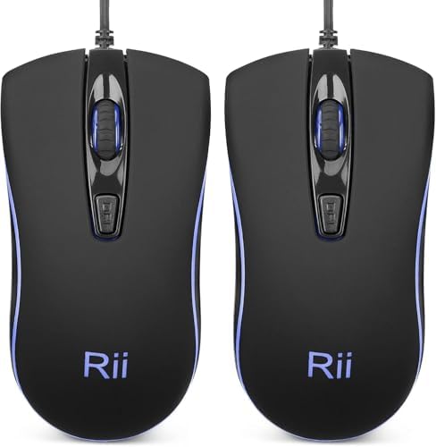 Rii Wired Mouse, Computer Mouse with Blue Backlit,Comfortable Grip Ergonomic Optical,USB Wired Mice Support Windows PC, Laptop,Desktop,Notebook,Chromebook (2PACK)