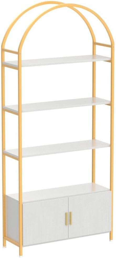Jehiatek Gold Bookshelf, Arched Bookcase with Doors Storage, 71" Tall Industrial Book Shelf with Sturdy Metal Frame, E1 Quality Boards, Freestanding Display Shelving Unit, White and Gold