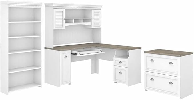 Pemberly Row 4 Piece L Shaped Desk Office Set, Engineered Wood, White and Gray Finish, Includes Hutch, Lateral File Cabinet, 5 Shelf Bookcase, Modern Farmhouse Style Home Office Furniture