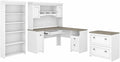 Pemberly Row 4 Piece L Shaped Desk Office Set, Engineered Wood, White and Gray Finish, Includes Hutch, Lateral File Cabinet, 5 Shelf Bookcase, Modern Farmhouse Style Home Office Furniture