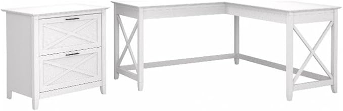 Pemberly Row Modern 60W L Shaped Desk with 2 Drawer File Cabinet, Durable Wood Construction, Coastal Farmhouse Style, X Pattern Accents, Spacious Home Office Furniture Set with Extended Work Surface