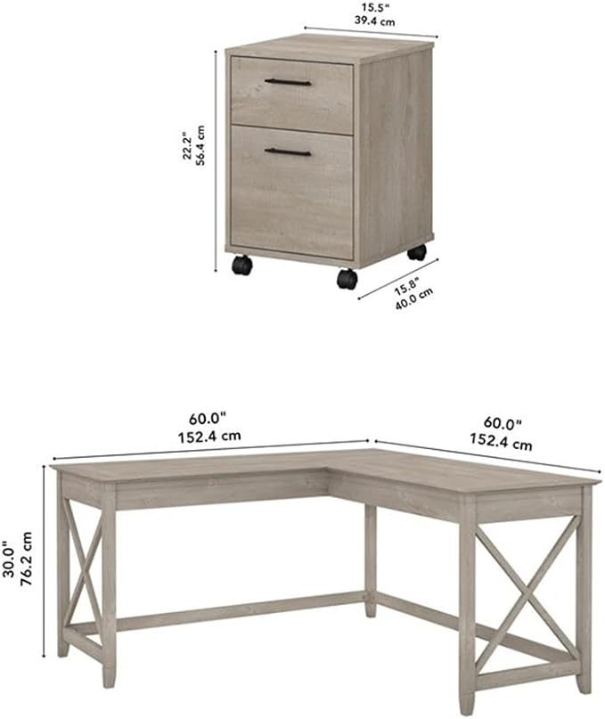 Pemberly Row 60W L Shaped Desk with 2 Drawer File Cabinet, Washed Gray Finish, Durable Office Desk Set with X Pattern Accents, Spacious Work Surface, Home Office or Living Room Furniture