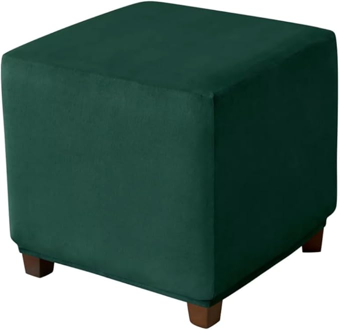 Ottoman Cover Square Velvet Ottoman Covers Protector for Footrest Foot Stool Furniture Stretch Comfortable with Elastic Bottom Medium Green