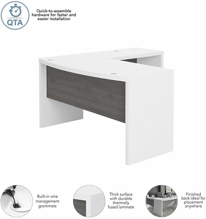 Pemberly Row Set of 2 L-Shaped Bow Front Desk & 5-Shelf Bookcase in White & Gray