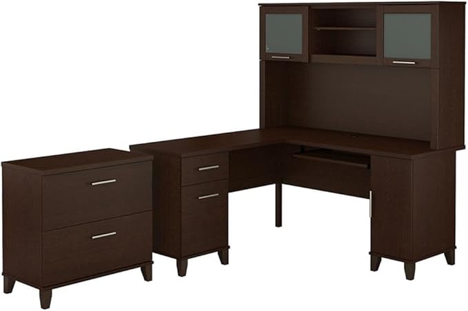 Pemberly Row 60W L Shaped Desk with Hutch and File Cabinet, Mocha Cherry Finish, Wire Management, Frosted Glass Doors, Full Extension Drawers, Transitional Office Furniture Set for Home or Workspace