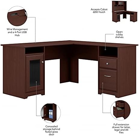 Bush Furniture Cabot 60W L Shaped Computer Desk with Hutch and Lateral File Cabinet in Harvest Cherry