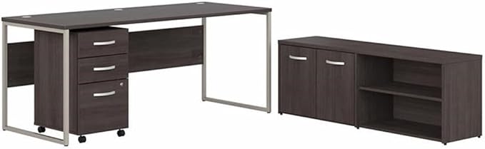 Pemberly Row 72W Office Desk with Storage, Engineered Wood, Storm Gray Finish, Includes 3 Drawer File Cabinet and Low Storage Credenza, Modern Workstation for Home Office or Professional Use