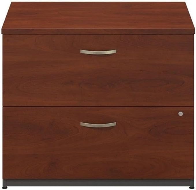 Pemberly Row Set of 2 Wood L-Shaped Desk & Lateral File Cabinet in Hansen Cherry