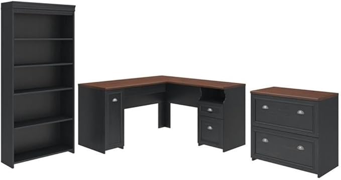Pemberly Row 3 Piece Office Set, Laminate Over Engineered Wood, Antique Black Finish, Includes L Shaped Desk, Bookcase With Adjustable Shelves, Lateral File Cabinet, Space-Saving Home Office Furniture